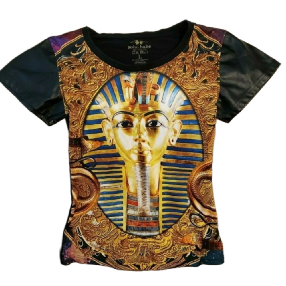 Soho Babe New York City Short Sleeve Top Egyptian Gold Black Junior L